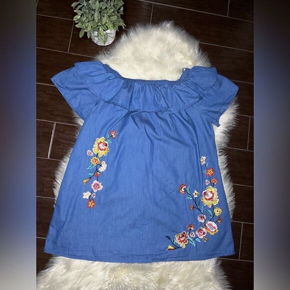 Velzera chambray floral embroidered off the shoulder tunic mini dress sz 1X - Picture 1 of 7